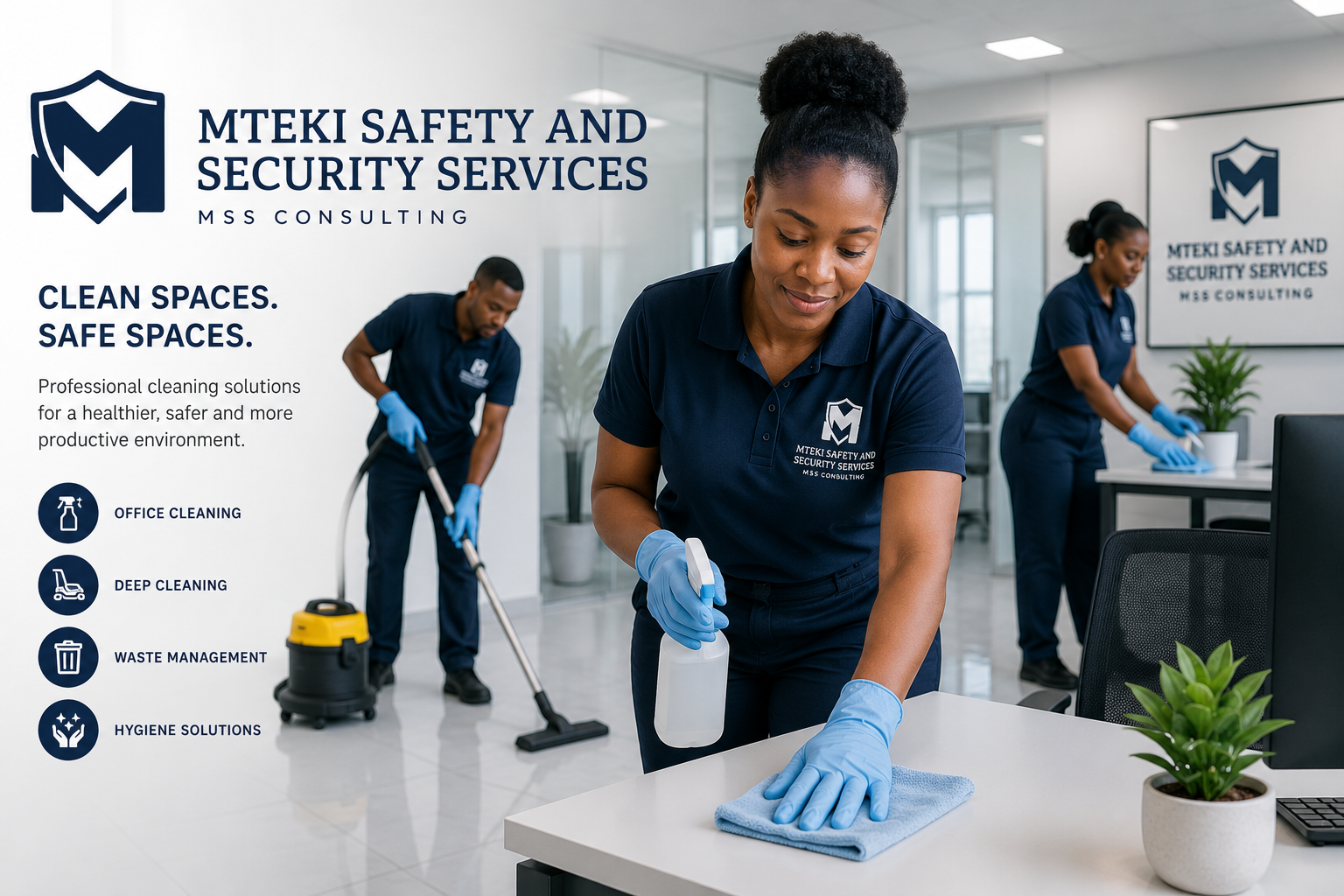 Mteki Safety and Security Services cleaning team sanitising a modern office — Clean Spaces. Safe Spaces. Professional cleaning solutions for a healthier, safer and more productive environment.