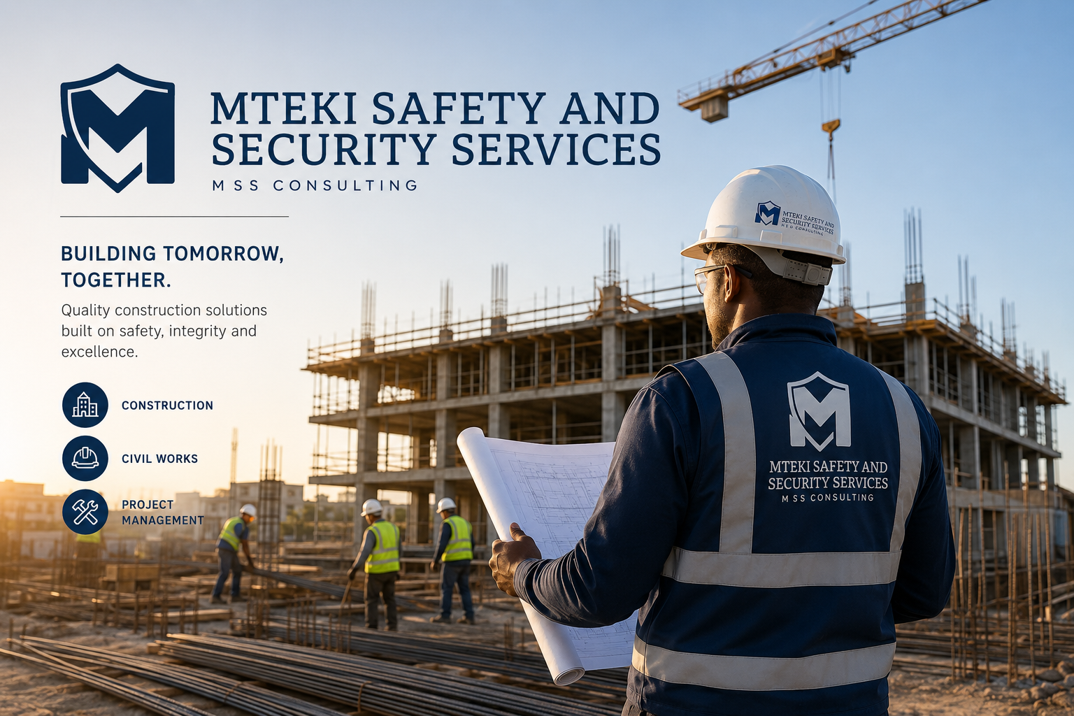 Mteki Safety and Security Services construction division. Building Tomorrow, Together. A worker in a branded safety vest and hard hat reviews blueprints at a construction site with a crane and building under construction.