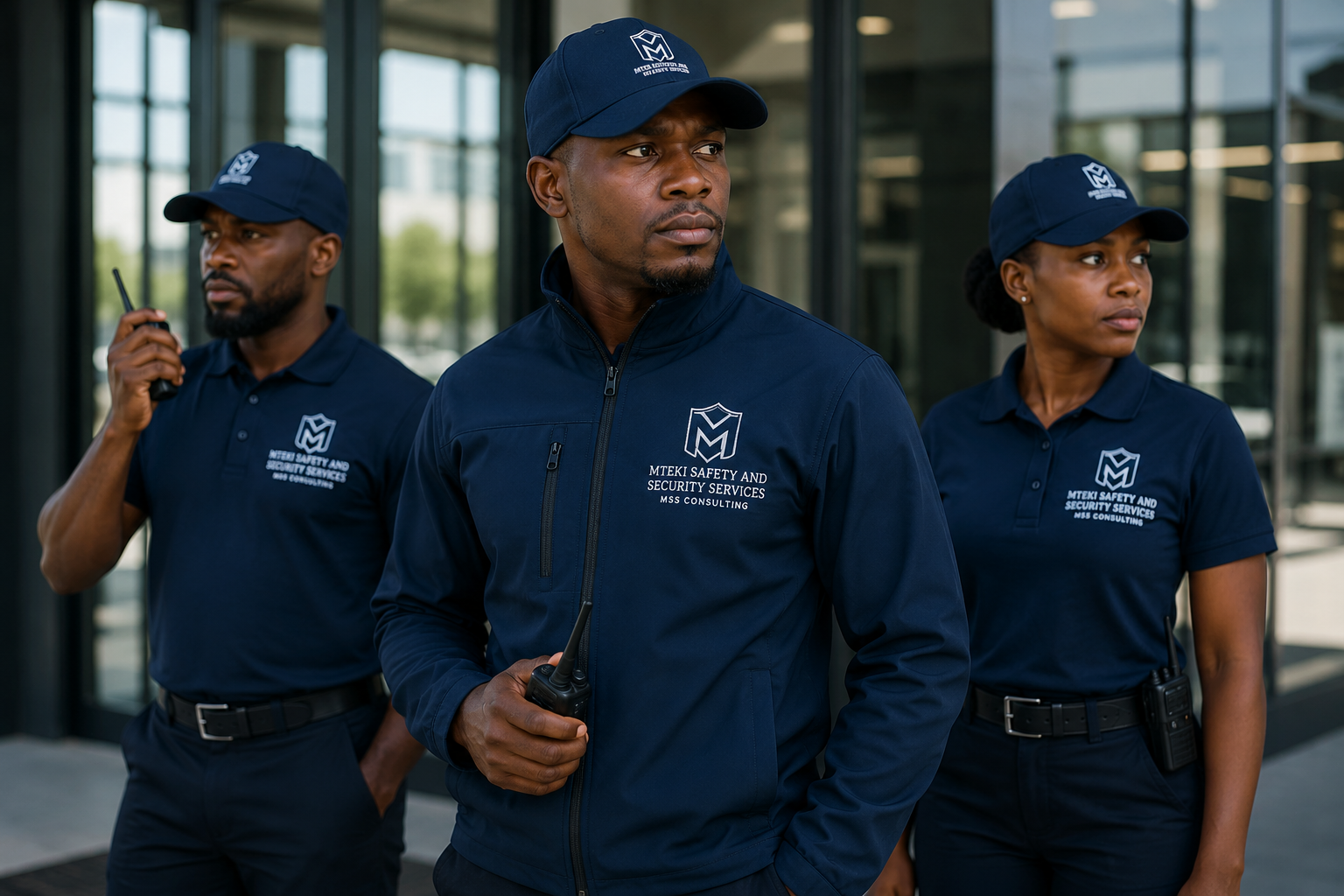 Mteki Safety and Security Services PSIRA-registered security team on patrol in front of a modern building, equipped with radios and branded uniforms.